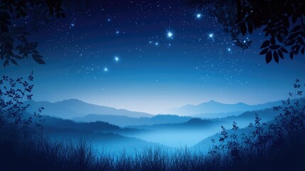 Naklejka premium Night landscape with mountains and starry sky reflection, blue tones, tranquil atmosphere, Copy Space for text placement
