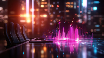 modern conference room with digital data visualization, showcasing vibrant graphs and charts. atmosphere is dynamic and tech focused, ideal for financial discussions
