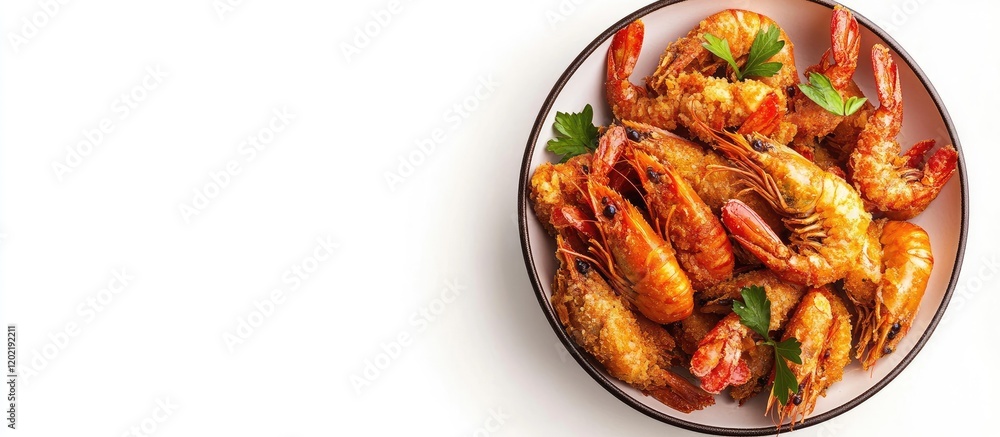 Poster cooked shrimp served in a bowl with parsley garnish on a white background copy space