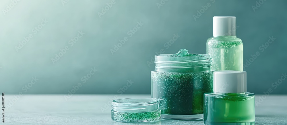 Poster green skincare products in glass containers on light background with copy space for branding or adve