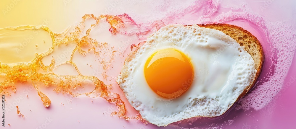 Poster Fried egg on toasted bread with splash effects and colorful background Copy Space