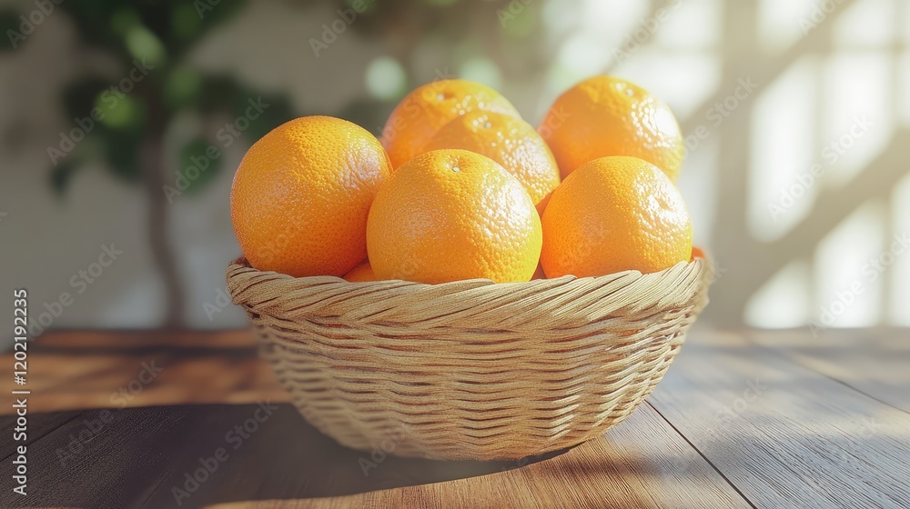 Poster basket of fresh oranges on a wooden table with soft sunlight and blurred background featuring greene