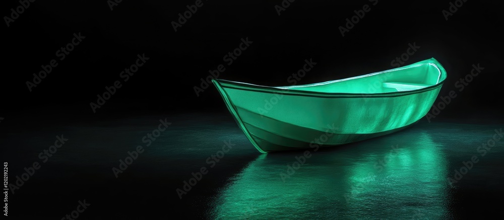 Poster illuminated green boat on dark reflective surface with copy space for text placement