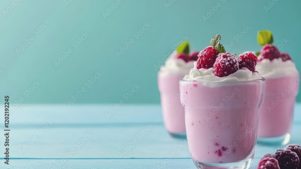 Poster raspberry yogurt dessert cups with whipped cream and mint leaves on light turquoise background copy 