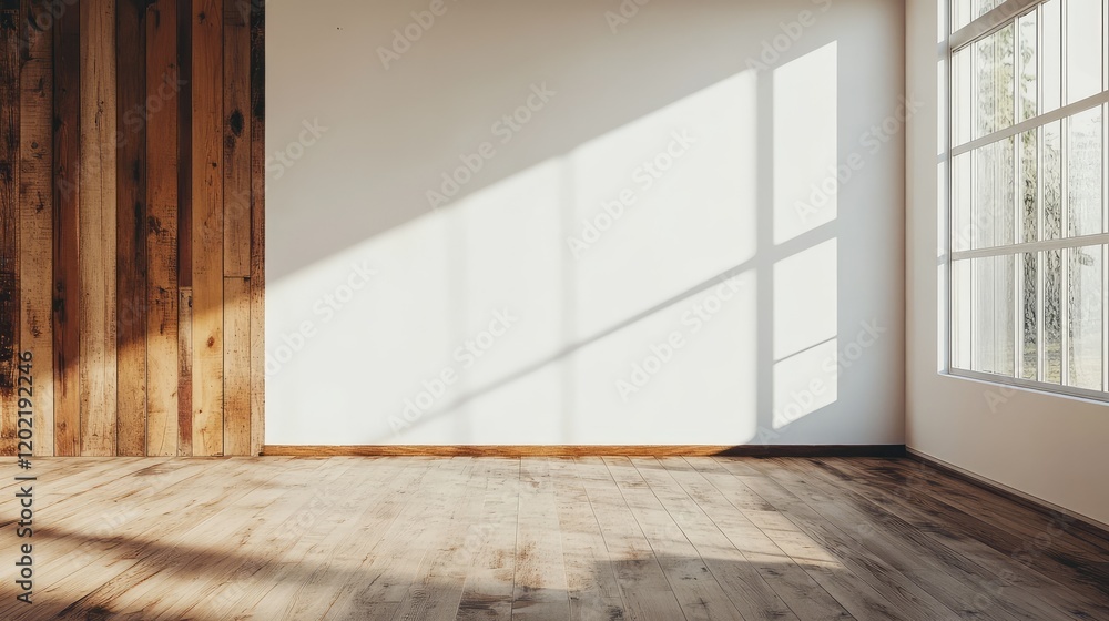Aufkleber empty room interior with wooden floor and large windows casting shadows with copy space on white wal