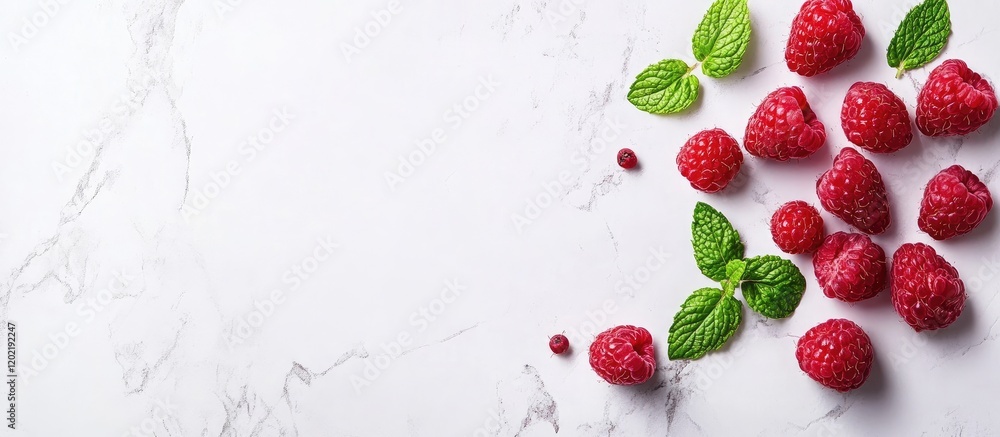 Aufkleber fresh raspberries and mint leaves arranged on marble surface with ample copy space for text