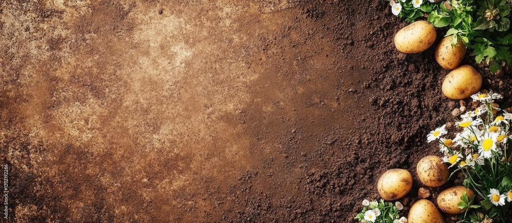 Aufkleber fertile soil background with fresh potatoes and wildflowers arranged on the side copy space for agri