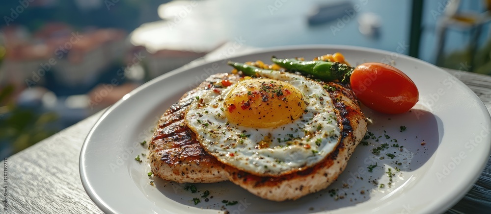 Aufkleber grilled chicken breast with fried egg garnished with herbs served on a plate near seaside view with 