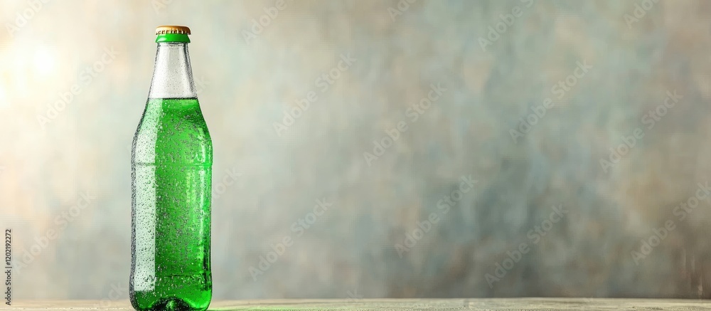 Poster green glass bottle of sparkling water with a cork stopper on a textured background with copy space.