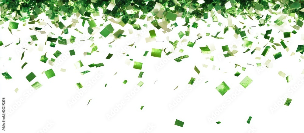 Poster green confetti falling down on white background with ample copy space for text placement