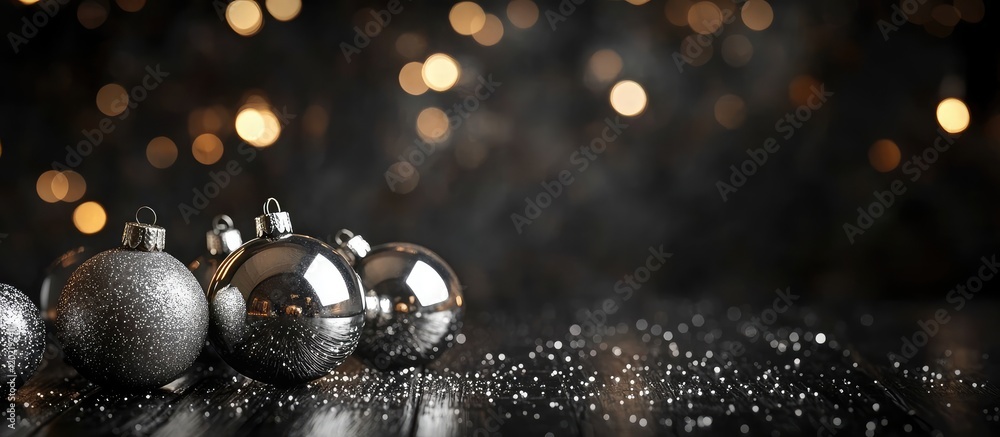 Poster shiny silver christmas ornaments on a reflective surface with blurred golden bokeh lights in backgro