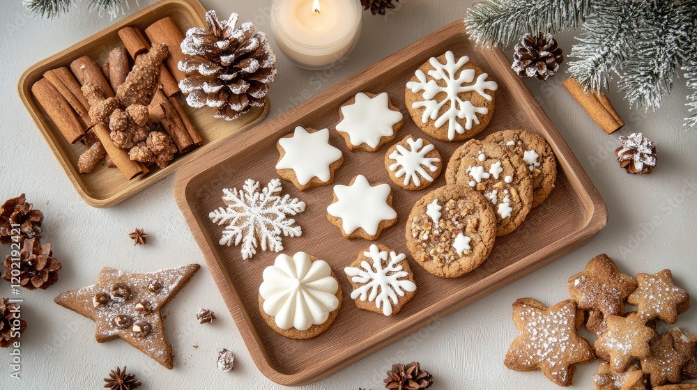 Poster assorted festive holiday cookies on a wooden tray surrounded by pinecones and a candle with copy spa