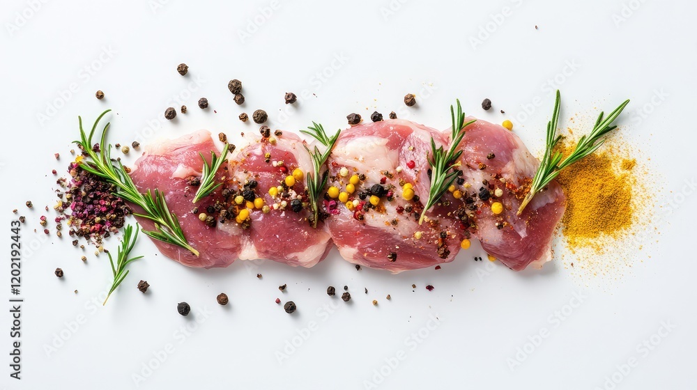 Poster raw pork meat with spices and herbs arranged on white background, copy space available for text inse