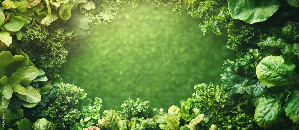 Poster green leafy vegetation frame with copy space for text in center overlaid on background of lush green