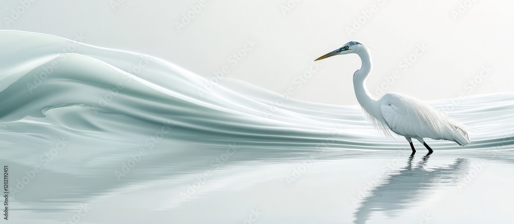Poster elegant white heron standing in calm water with smooth waves in the background copy space