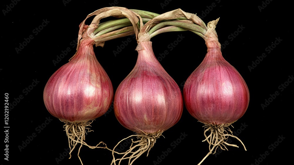 Poster fresh red onions with roots and green tops arranged neatly on a black background with copy space for