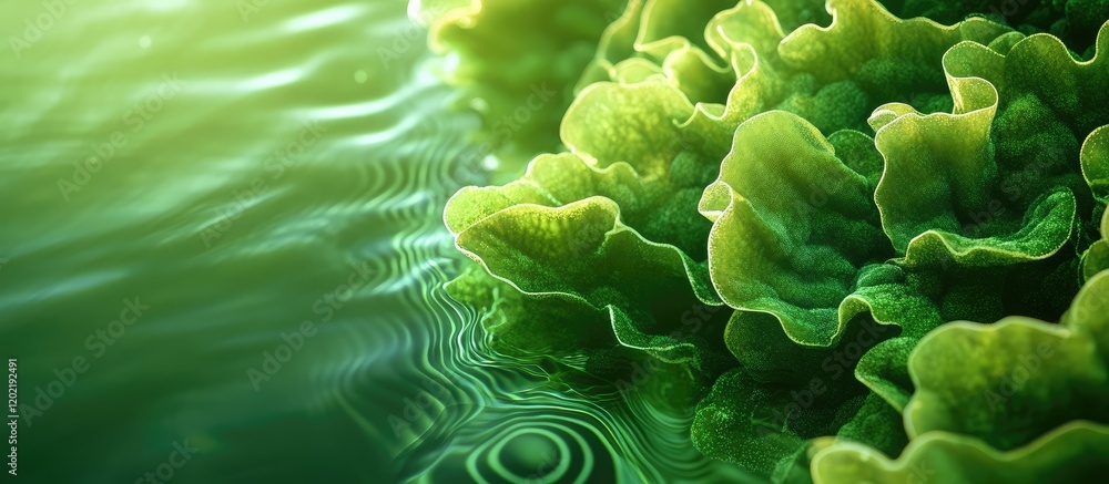 Aufkleber close-up of vibrant green algae in water with ripples and soft lighting copy space