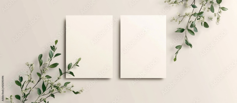 Poster blank canvas mockup with two empty white frames surrounded by green leaves on a beige background cop