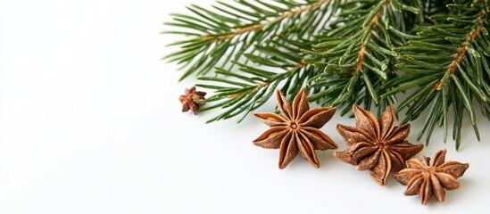Star anise and pine branches on white background with copy space for text