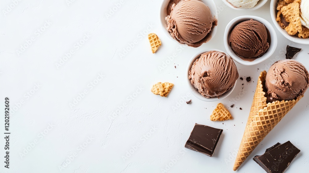 Aufkleber Assorted ice cream scoops in bowls and a cone with chocolate pieces and waffle crumbs on a white background with Copy Space
