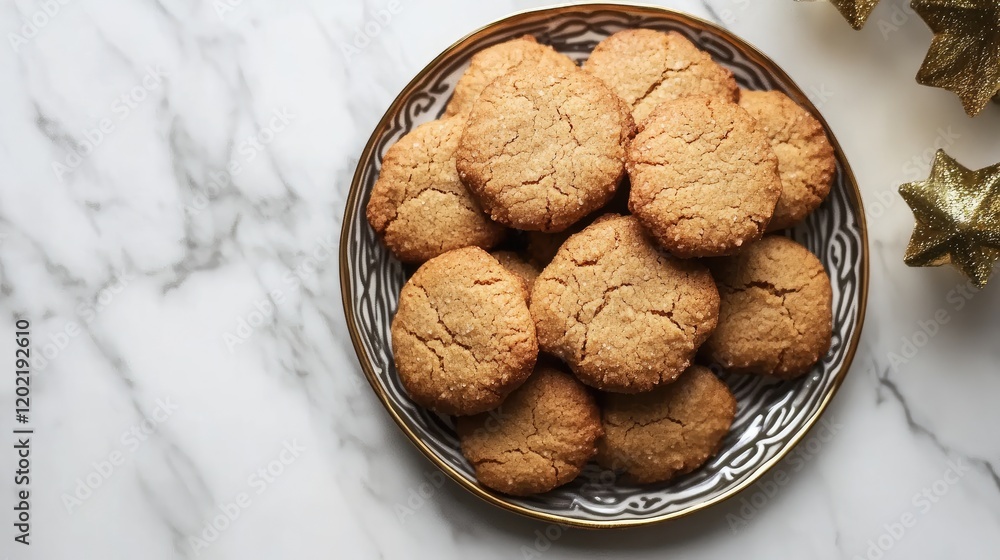 Poster freshly baked cookies arranged on a decorative plate on a marble countertop with festive stars in th