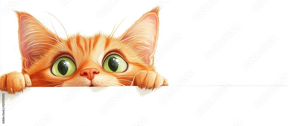 Poster cute orange tabby cat peeking over a white surface with large expressive green eyes and a curious ex