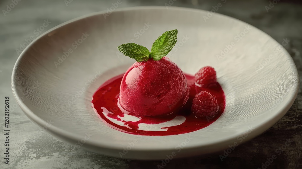 Poster raspberry sorbet served in a white bowl with raspberry sauce and mint leaves on a textured surface w