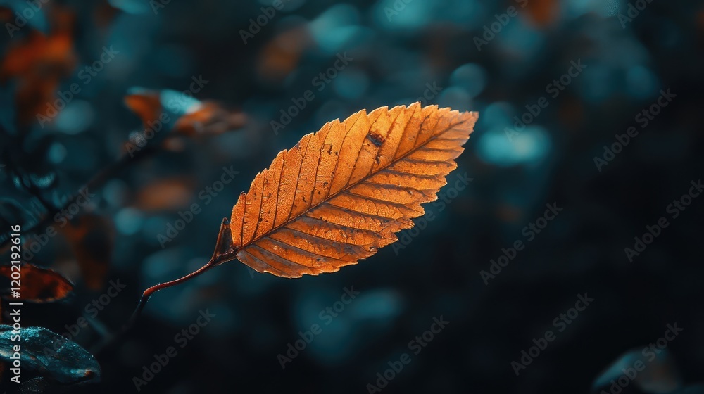 Poster close-up view of an orange leaf on a dark blurred background with copy space for text placement