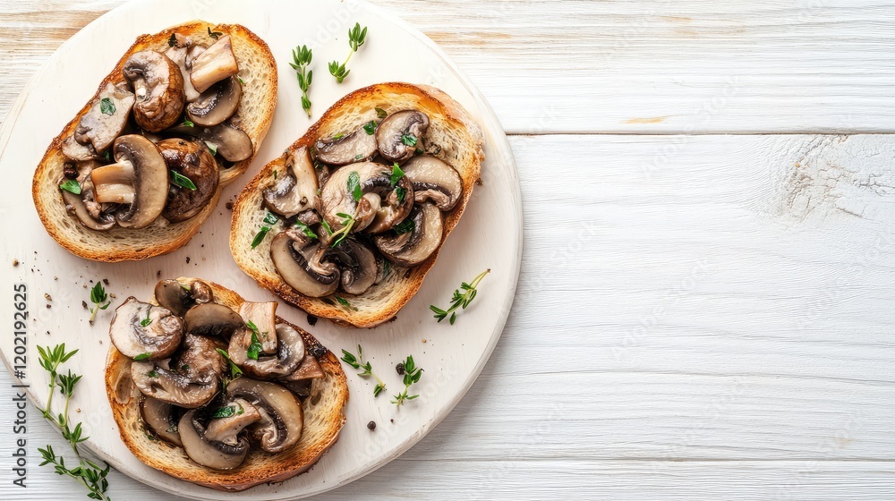Poster Toasted bread topped with sautÃ©ed mushrooms and thyme on a wooden serving board with copy space for text