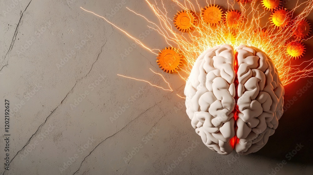 Poster a brain model appears to explode with sparks and orange elements, symbolizing creativity, knowledge,