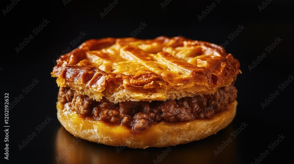 Poster savory meat pie with golden flaky crust isolated on black background copy space