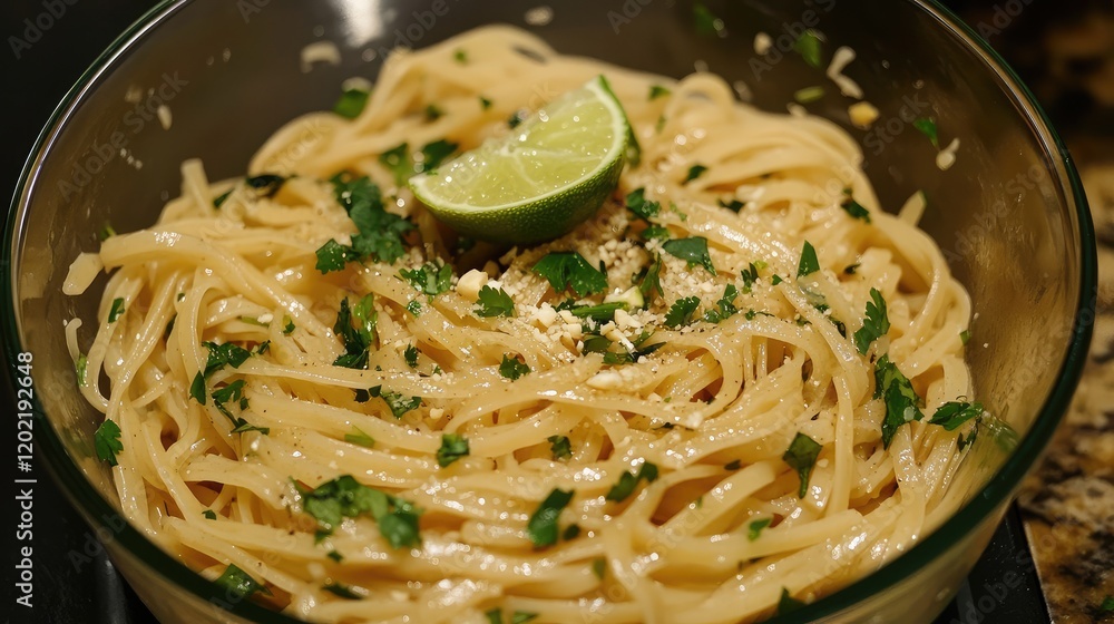 Aufkleber pasta dish with lime and herbs in a glass bowl on a dark surface with copy space for text