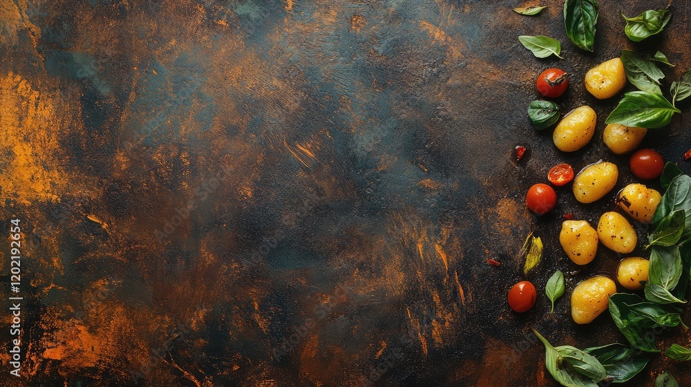 Poster dark textured background with organic potatoes and cherry tomatoes surrounded by fresh basil leaves 