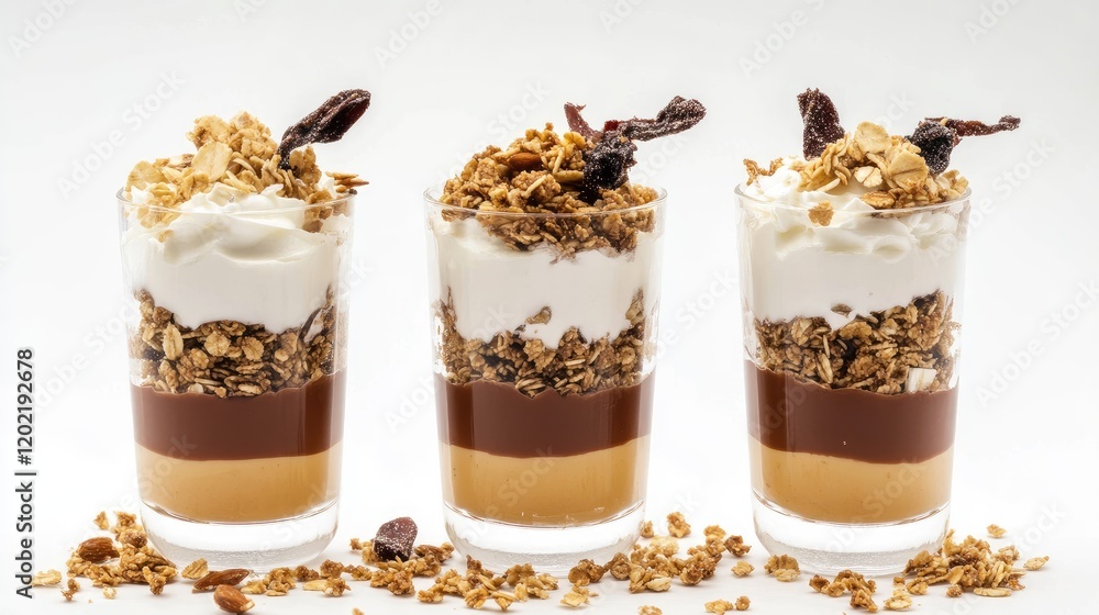 Poster layered dessert in glasses with yogurt, granola, and chocolate, arranged in a row on a white backgro