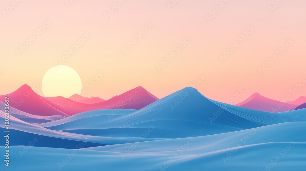Poster digital landscape of abstract mountains in pastel colors at sunset with soft gradients and copy spac