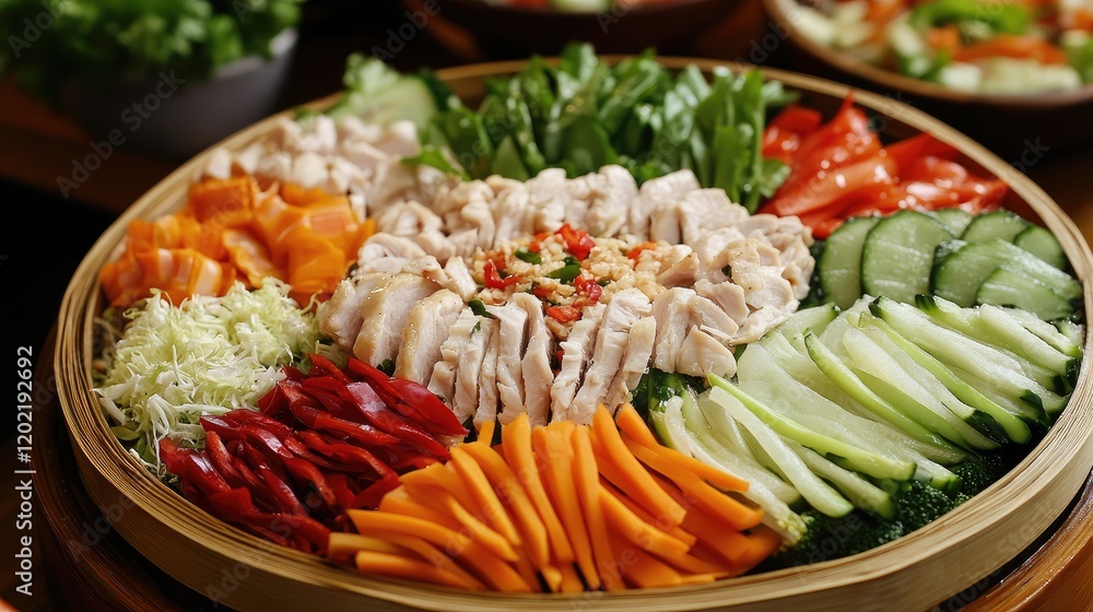 Aufkleber Vibrant platter of assorted vegetables and sliced chicken arranged in circular bamboo tray with fresh ingredients and Copy Space