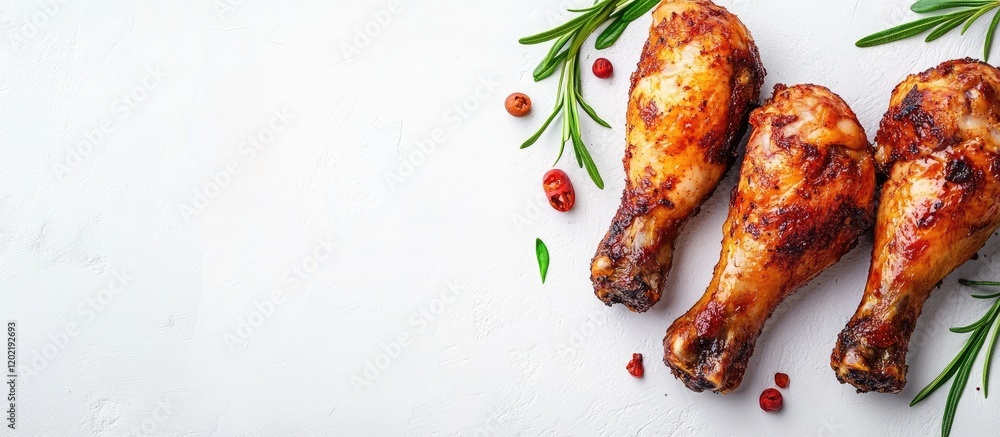 Aufkleber grilled chicken drumsticks with rosemary and berries on white background with copy space