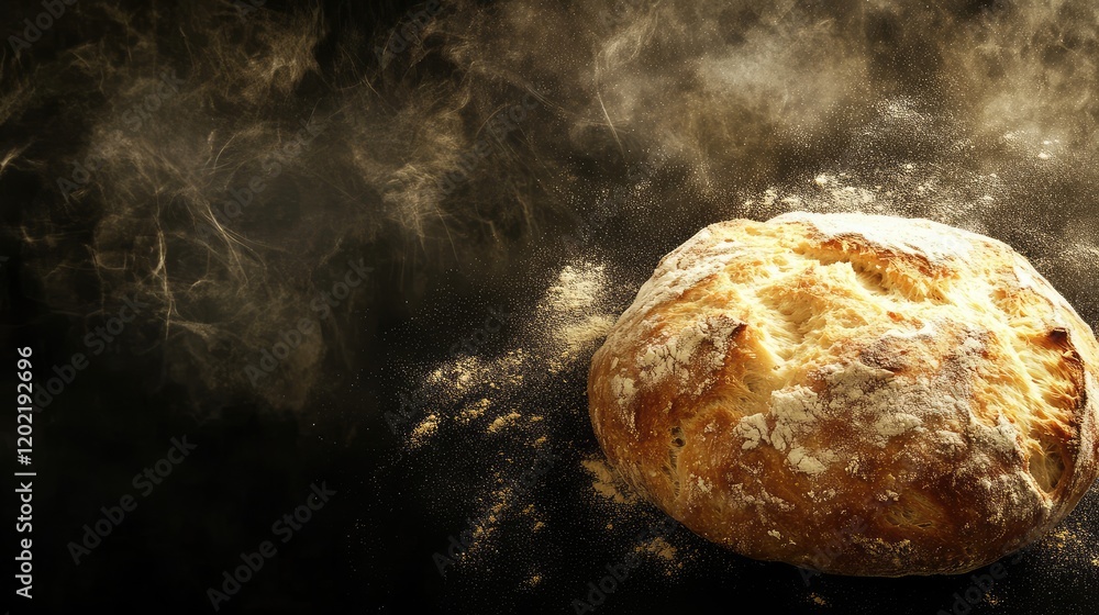 Poster freshly baked rustic bread loaf on a dark surface with flour dust and steam, copy space for text pla