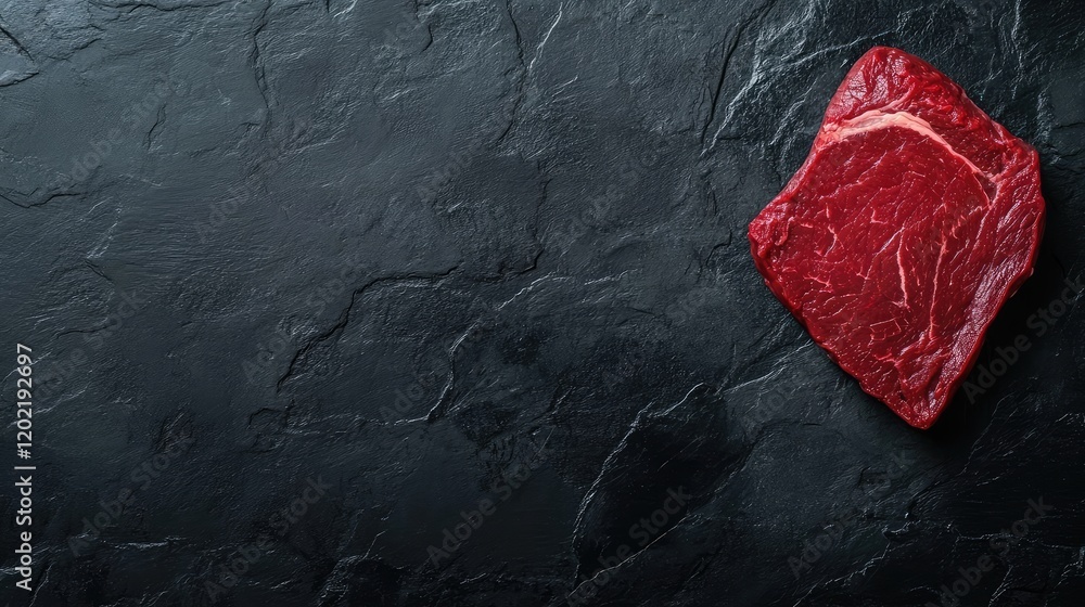 Poster raw red meat steak on a black stone surface with copy space for text placement