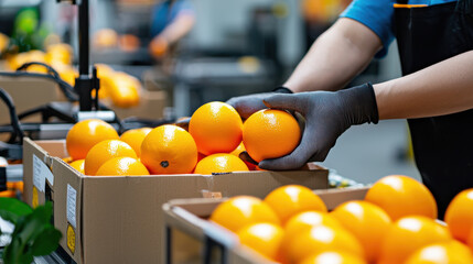 Efficient handling of fresh oranges in food packaging facility, showcasing vibrant colors and organized workflow