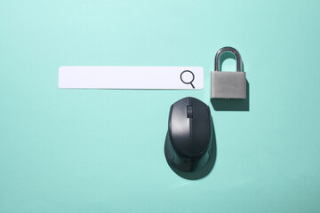 Paper search bar with cursor, pc mouse and lock on blue background. Safe internet