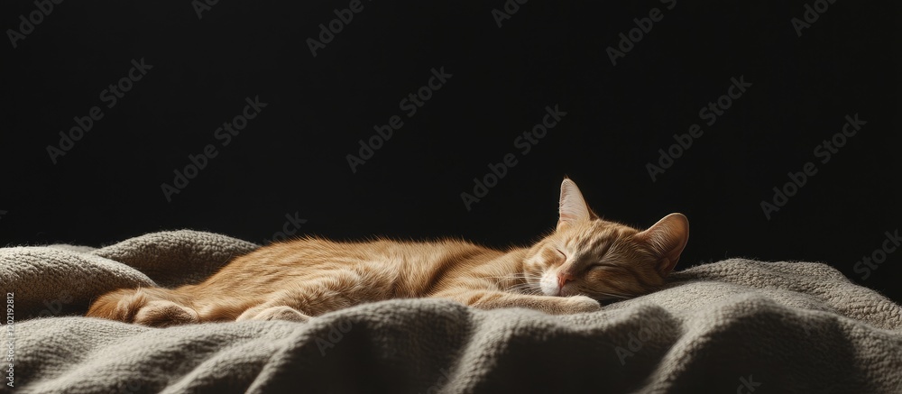 Poster Orange tabby cat resting on a soft blanket against a dark background with Copy Space for text placement