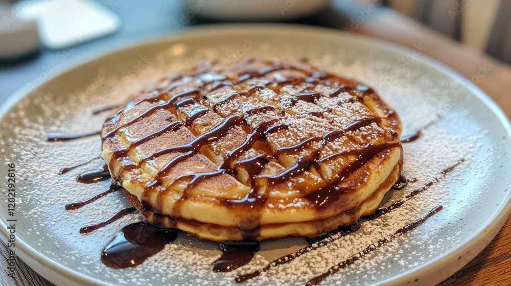 Poster delicious golden pancakes drizzled with chocolate sauce and dusted with powdered sugar on a stylish 