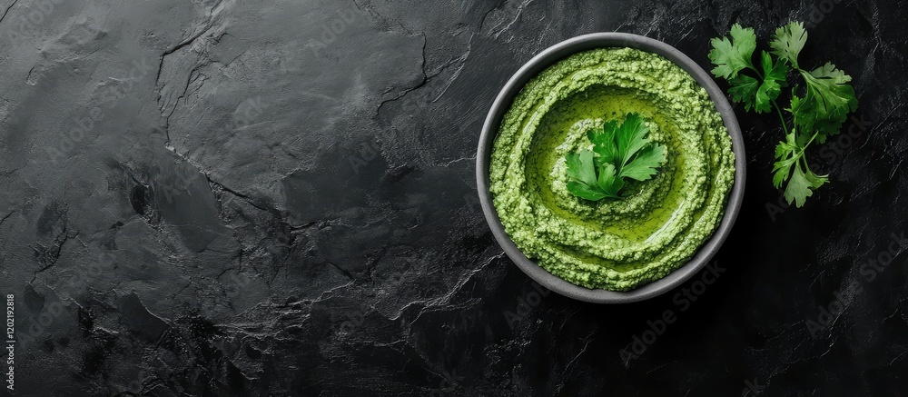 Poster green hummus in a dark bowl with fresh cilantro garnish on a black slate background with copy space 