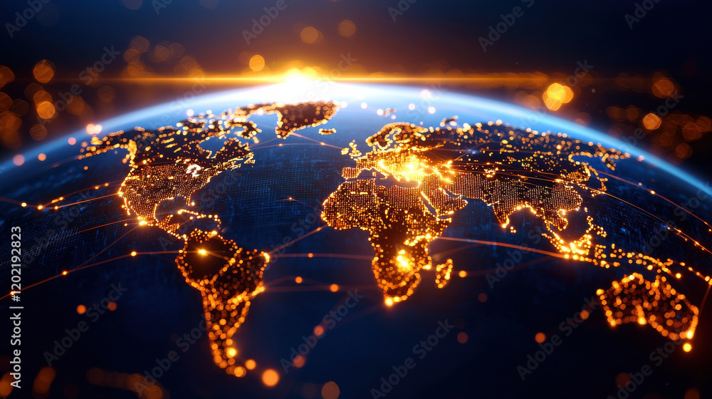 Fototapete stunning view of glowing world map showcasing interconnected cities and networks, symbolizing global
