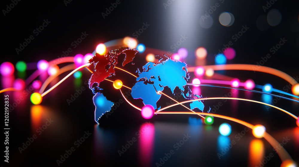 Fototapete vibrant scene of world map illuminated by colorful lights, symbolizing global connections and international markets. glowing lines represent data flow and communication