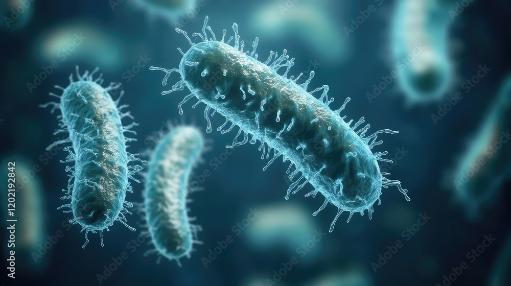 Poster microorganisms under a microscope with detailed depiction of bacteria showing surface structures and