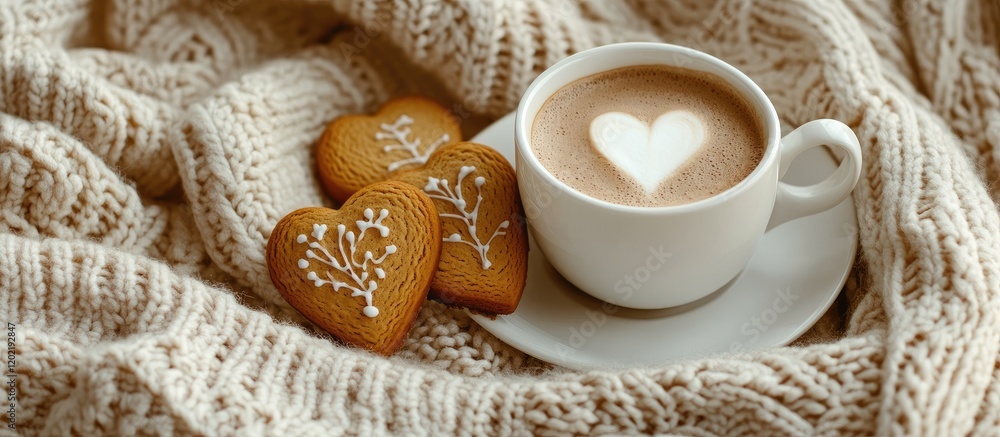 Poster coffee cup with heart-shaped latte art surrounded by gingerbread cookies on a textured knitted blank