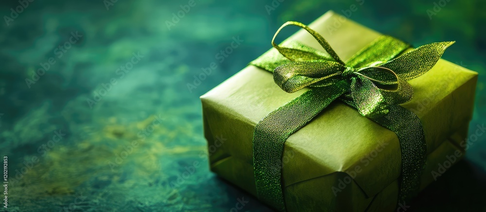 Poster green gift box with ribbon on textured background copy space