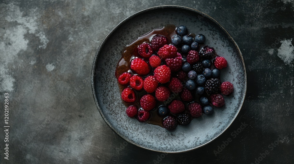 Poster Fresh raspberries and blueberries on a textured plate with chocolate drizzle on a dark background Copy Space